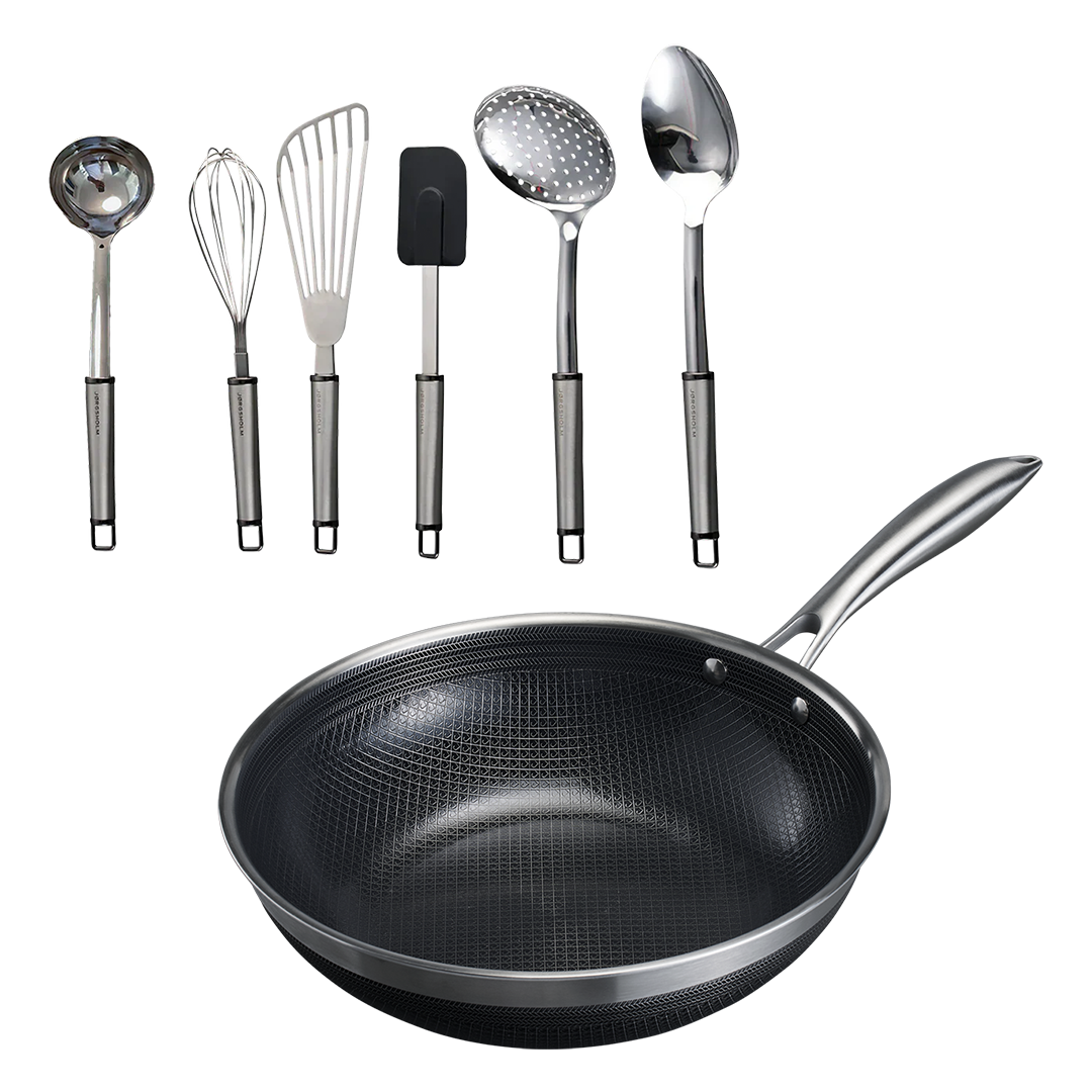 Wok Ø30 med Låg + Køkkenredskaber - 6 dele